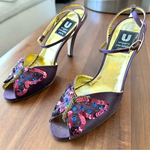 Ungaro Paris Butterfly Purple Sequined Heels - Picture 2 of 12